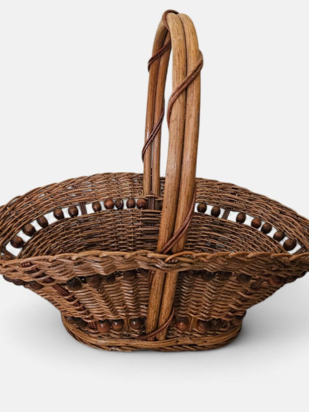 Vintage Hand Woven Wicker Gathering Basket Boho Cottage Chic